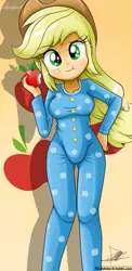 Size: 645x1321 | Tagged: safe, artist:the-butch-x, derpibooru import, applejack, equestria girls, apple, beautiful, beautiful x, clothes, cute, footed sleeper, hand on hip, jackabetes, onesie, pajamas, solo