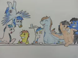 Size: 1024x768 | Tagged: artist:thatdamntenpin, derpibooru import, fanfic, oc, oc:calm wind, oc:crystal melody, oc:lilly feathers, oc:playbitz, oc:rivet, oc:shine struck, oc:swift justice, safe, shinejustice, squad zero, traditional art, unofficial characters only