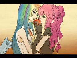 Size: 960x720 | Tagged: safe, artist:mlpfimcp, derpibooru import, pinkie pie, rainbow dash, human, apple, female, humanized, lesbian, pinkiedash, shipping, vocaloid