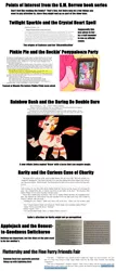 Size: 1565x3669 | Tagged: safe, derpibooru import, braze, rarity, spike, applejack and the honest-to-goodness switcheroo, fluttershy and the fine furry friends fair, my little pony chapter books, pinkie pie and the rockin' ponypalooza party!, rainbow dash and the daring do double dare, rarity and the curious case of charity, twilight sparkle and the crystal heart spell, spoiler:book, artist interpretation, continuity, female, male, shipping, sparity, speculation, straight, text, whinnyland