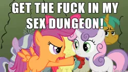 Size: 610x343 | Tagged: suggestive, derpibooru import, edit, edited screencap, screencap, apple bloom, scootaloo, sweetie belle, earth pony, pegasus, unicorn, the return of harmony, caption, cutie mark crusaders, female, filly, image macro, implied foalcon, implied rape, meme, sex dungeon, vulgar