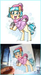 Size: 500x904 | Tagged: safe, artist:paulina-ap, derpibooru import, coco pommel, pony, bipedal, clothes, cocobetes, coffee, coffee cup, cup, cute, happy, hat, photo, scarf, snow, snowfall, solo, sweater, traditional art, winter