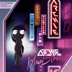Size: 4200x4200 | Tagged: safe, artist:petirep, derpibooru import, oc, oc:archie, unofficial characters only, pony, absurd resolution, archie v, city, cover, neon, neon sign, nightclub, rain, retro, solo, street, sunglasses