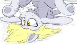 Size: 1471x860 | Tagged: safe, artist:purple-yoshi-draws, derpibooru import, derpy hooves, pegasus, pony, bed, circling stars, colored, dazed, dizzy, female, hooves, mare, solo, underhoof, upside down