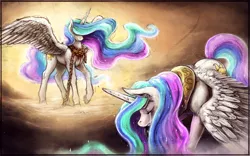 Size: 1998x1250 | Tagged: semi-grimdark, artist:bantha, derpibooru import, princess celestia, fanfic:eternal, blood, chains, crying, eyes closed, fanfic art, image, png, self paradox, smiling, the sun