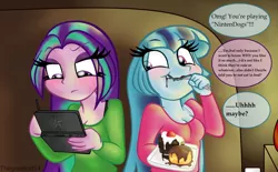 Size: 1024x634 | Tagged: safe, artist:queentigrel, derpibooru import, aria blaze, sonata dusk, equestria girls, a dazzling winter, blushing, cake, dialogue, ice cream, messy eating, nintendo ds, nintendogs, tsundaria, tsundere