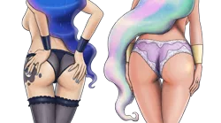 Size: 2296x1280 | Tagged: 4chan, artist:king-kakapo, ass, black underwear, bracelet, breasts, butt, butt only, clothes, derpibooru import, duo, duo female, female, females only, flower pattern underwear, frilly underwear, head out of frame, human, humanized, lingerie, moonbutt, nail polish, panties, pink underwear, praise the moon, praise the sun, princess celestia, princess luna, rearboob, ring, see-through, sideboob, simple background, socks, stockings, suggestive, sunbutt, the ass was fat, thigh gap, thigh highs, topless, transparent background, underwear, wedgie