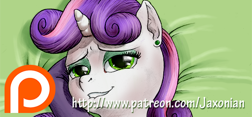 Size: 500x233 | Tagged: artist:jaxonian, bedroom eyes, cute, derpibooru import, lip bite, looking at you, patreon, promotion, suggestive, sweetie belle, sweetie do well, watermark