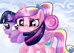 Size: 712x512 | Tagged: artist:kuromi, clothes, derpibooru import, filly, filly twilight sparkle, painting, princess cadance, safe, scarf, snow, snowfall, teen princess cadance, twilight sparkle, younger