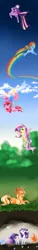 Size: 1200x8000 | Tagged: safe, artist:qiluo soul, derpibooru import, applejack, fluttershy, pinkie pie, rainbow dash, rarity, twilight sparkle, twilight sparkle (alicorn), alicorn, butterfly, pony, balloon, bow, cloud, cloudy, eyes closed, female, flying, gem, glowing horn, grass, lying down, magic, mane six, mare, pixiv, rainbow power, sky, stars, underground