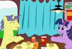 Size: 1024x709 | Tagged: safe, artist:pacificgreen, derpibooru import, comet tail, twilight sparkle, twilight sparkle (alicorn), alicorn, pony, burger, cometlight, couple, curtains, drink, female, food, french fries, friendshipping, hay burger, male, mare, milkshake, shipping, smiling, straight, twilight burgkle, window