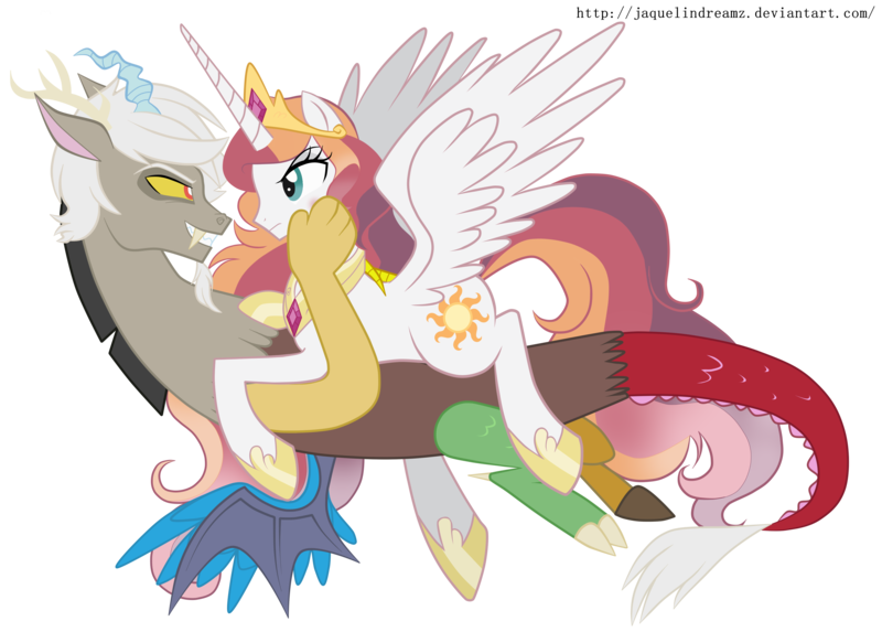 Size: 3968x2840 | Tagged: dead source, safe, artist:jaquelindreamz, derpibooru import, discord, princess celestia, alicorn, draconequus, pony, caos, dislestia, eris, eye contact, fangs, female, floating, frown, glare, grin, lidded eyes, male, mare, prince solaris, princess helia, prone, redraw, rule 63, rule 63'd rule 63, shipping, simple background, smiling, smirk, spread wings, straight, transparent background, we need to go deeper, wings, yellow sclera