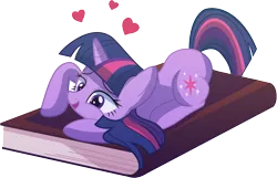 Size: 2679x1727 | Tagged: safe, artist:bluse, derpibooru import, twilight sparkle, pony, unicorn, bibliophile, book, cargo ship, female, giant fucking book of magic and shit, heart, mare, open mouth, prone, shipping, show accurate, simple background, solo, that pony sure does love books, transparent background, twibook, unicorn twilight