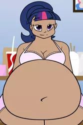 Size: 1000x1500 | Tagged: dead source, suggestive, artist:bigponiesinc, derpibooru import, twilight sparkle, human, ask feedee twilight, alternate hairstyle, bbw, bedroom eyes, belly, belly button, big belly, bra, breasts, chubby, cleavage, clothes, fast food, fat, female, food, frilly underwear, humanized, impossibly large belly, lingerie, muffin top, panties, pink underwear, thighlight sparkle, thighs, thunder thighs, twilard sparkle, underwear, weight gain, wide hips