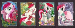 Size: 1800x675 | Tagged: safe, artist:soulscapecreatives, derpibooru import, roseluck, alternate hairstyle, clothes, dress, drink, eyes closed, flower, grin, looking back, mouth hold, on back, open mouth, portrait, raised hoof, rose, sandwich, smiling, traditional art, water, watering can