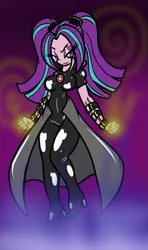 Size: 501x847 | Tagged: safe, artist:tinker-tock, derpibooru import, aria blaze, equestria girls, abstract background, boots, clothes, eyeshadow, female, floating, image, latex, latex boots, latex suit, lidded eyes, lipstick, makeup, pigtails, png, purple eyeshadow, purple lipstick, purple skin, raised eyebrow, shoes, smiling, smiling at you, solo, solo female, two toned hair