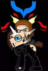 Size: 688x1017 | Tagged: artist:wolfcat22, black coat, brown hair, brown mane, clothes, derpibooru import, elf ears, fierce deity, gloves, human, humanized, oc, oc:mugen kagemaru, ponified, safe, self ponidox, slit eyes, socks, the legend of zelda, unofficial characters only, white mane, wristwatch