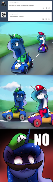 Size: 1200x4093 | Tagged: safe, artist:anticular, derpibooru import, princess celestia, princess luna, alicorn, pony, ask sunshine and moonbeams, bloodshot eyes, comic, cosplay, duo, duo female, faic, female, hat, looking back, luigi, luigi's death stare, mare, mario, mario kart, moustache, smiling, super mario bros., tumblr, unamused