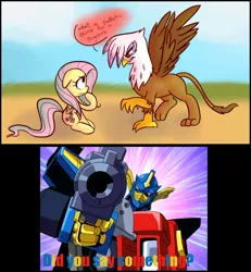 Size: 900x973 | Tagged: safe, artist:jessy, artist:rustydooks, derpibooru import, edit, fluttershy, gilda, gryphon, dialogue, meme, optimus prime, ponibooru leftovers, super mode, transformers, transformers armada