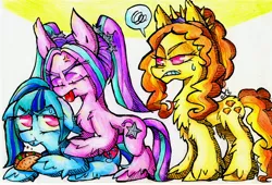 Size: 4390x2992 | Tagged: adagio dazzle, angry, aria blaze, artist:chibiwendy, chest fluff, derpibooru import, ear fluff, fight, floppy ears, fluffy, ponified, safe, shoulder fluff, shrunken pupils, sonata dusk, taco, the dazzlings, unamused, unshorn fetlocks, upset