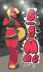 Size: 900x1500 | Tagged: anthro, artist:pashoo, bandage, belly button, big macintosh, clothes, derpibooru import, female, gloves, macareina, midriff, rule 63, safe, smirk, solo, sports bra, steel cage, unguligrade anthro, wide hips, workout outfit, wrestling, wrestling ring