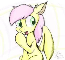 Size: 3000x2777 | Tagged: alternate hairstyle, artist:ando, border, colors, cute, derpibooru import, floppy ears, fluttershy, light, open mouth, safe, sitting, smiling