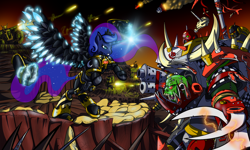 Size: 2000x1200 | Tagged: armor, artist:davidcurser, chaos space marine, crossover, derpibooru import, fanfic, fanfic art, heavy bolter, iron warriors, ork, power armor, powered exoskeleton, power fist, power klaw, princess luna, safe, space marine, war, warboss, warhammer 40k, warhammer (game), weapon