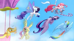 Size: 1920x1080 | Tagged: safe, derpibooru import, applejack, fluttershy, pinkie pie, rainbow dash, rarity, twilight sparkle, twilight sparkle (alicorn), alicorn, pegasus, pony, :o, :p, cute, eyes closed, female, flailing, floppy ears, flying, flying contraption, glimmer wings, helicopter, hot air balloon, looking back, mane six, mare, pedalcopter, sky, smiling, smirk, spread wings, tongue out, wallpaper, wide eyes, worried