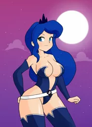 Size: 1980x2718 | Tagged: artist:hidden-cat, belly button, breasts, busty princess luna, clothes, derpibooru import, evening gloves, female, high-cut clothing, human, humanized, leotard, moon, princess luna, socks, solo, solo female, suggestive, thigh highs