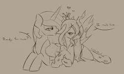 Size: 1280x763 | Tagged: safe, artist:leatherbiscuit, derpibooru import, princess celestia, queen chrysalis, alicorn, pony, blushing, chryslestia, dialogue, ear bite, female, heart, lesbian, monochrome, shipping, sketch, tongue out