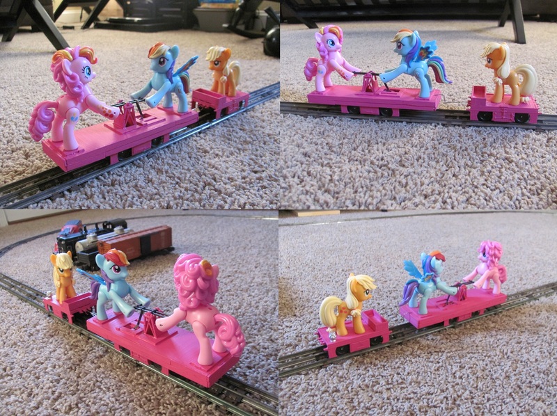 Size: 1452x1086 | Tagged: applejack, artist:boilerwash1, custom, derpibooru import, hand car, model, model train, pinkie pie, railroad, rainbow dash, safe, toy, train