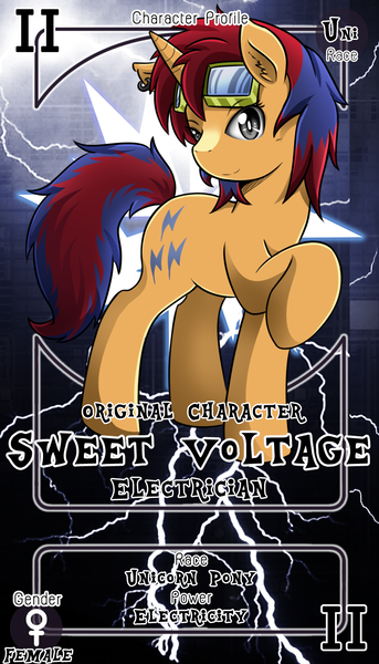 Size: 800x1399 | Tagged: safe, artist:vavacung, derpibooru import, oc, oc:sweet voltage, unofficial characters only, pony, unicorn, commission, female, goggles, mare, pactio card, solo