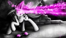 Size: 1250x732 | Tagged: artist:jamescorck, derpibooru import, eye beams, laser, magic, monochrome, optic blast, safe, solo, vinyl scratch, vyclops