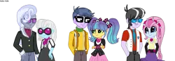 Size: 1512x527 | Tagged: safe, artist:asika-aida, derpibooru import, hoity toity, microchips, photo finish, pixel pizazz, ringo, violet blurr, equestria girls, background human, equestria girls-ified, female, male, micropixel, photoity, ringoblurr, shipping, simple background, straight, the snapshots, transparent background, vector