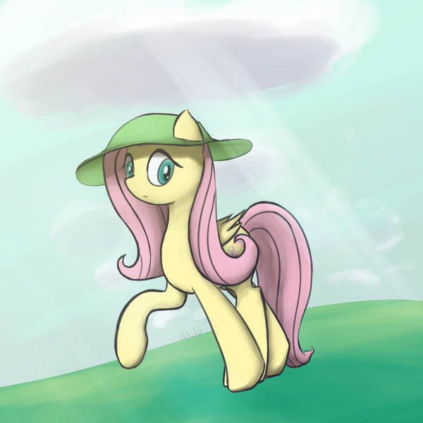 Size: 2000x2000 | Tagged: safe, artist:mang, derpibooru import, fluttershy, cloud, cloudy, hat, solo