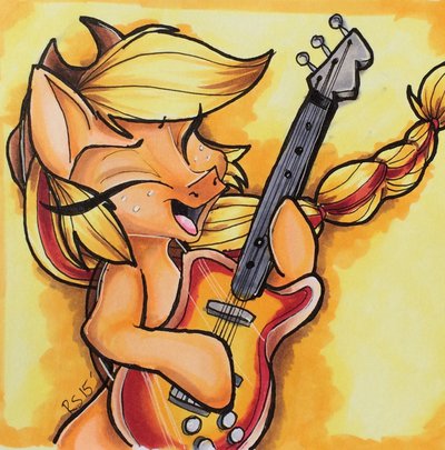 Size: 400x405 | Tagged: safe, artist:tinyunicornfarm, derpibooru import, applejack, bass guitar, electric guitar, guitar, musical instrument, solo, traditional art