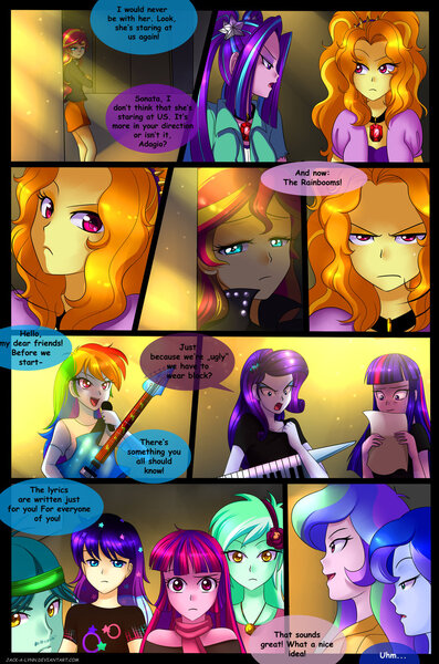 Size: 900x1360 | Tagged: safe, artist:jacky-bunny, derpibooru import, adagio dazzle, aria blaze, captain planet, lyra heartstrings, mystery mint, princess celestia, princess luna, rainbow dash, rarity, sunset shimmer, twilight sparkle, twilight sparkle (alicorn), equestria girls, rainbow rocks, background human, comic, implied shipping, magic of the sirens, principal celestia, sunsad shimmer, this will not end well, vice principal luna