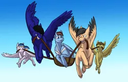 Size: 1278x822 | Tagged: safe, artist:foxenawolf, derpibooru import, oc, oc:calm wind, oc:playbitz, oc:rivet, oc:shine struck, oc:swift justice, unofficial characters only, pegasus, pony, bandage, pegasus posse, shinejustice, unshorn fetlocks