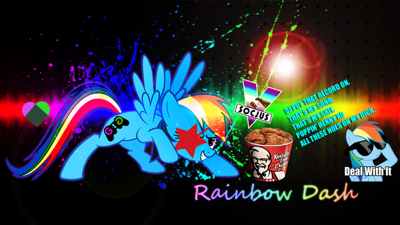 Size: 1920x1080 | Tagged: deal with it, derpibooru import, edit, eyepatch, gamergate, kfc, rainbow dash, roguestar, safe, social justice, sunglasses, wallpaper, we heart