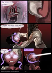 Size: 753x1061 | Tagged: artist:helenasherzblut, blood, comic, derpibooru import, fanfic:silent ponyville, grimdark, lost memories, oc, oc:ruby crow, pinkamena diane pie, pinkie pie, pyramid head, red eyes