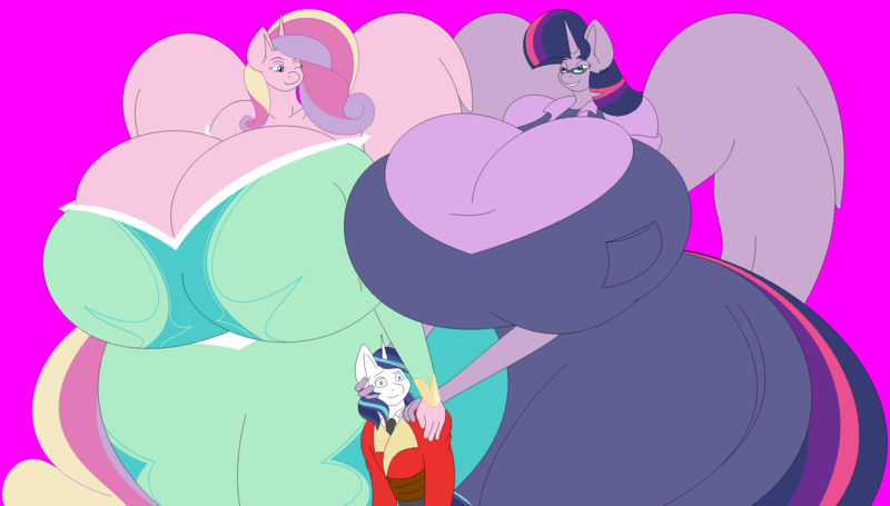 Size: 2463x1402 | Tagged: anthro, artist:two-ton-neko, ass, big breasts, breasts, busty twilight sparkle, cleavage, derpibooru import, fat, female, glasses, hourglass figure, huge breasts, hyper breasts, impossibly large breasts, impossibly large butt, lesbian, obese, princess cadance, questionable, shining armor, shipping, twidance, twilight sparkle, twilight sparkle (alicorn)