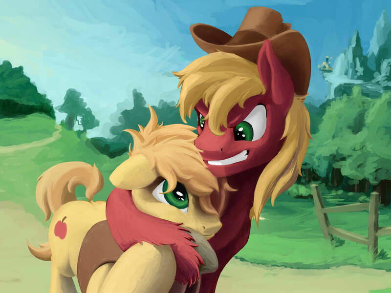 Size: 1600x1200 | Tagged: safe, artist:fantdragon, derpibooru import, big macintosh, braeburn, earth pony, pony, accessory swap, duo, headlock, hug, male, stallion