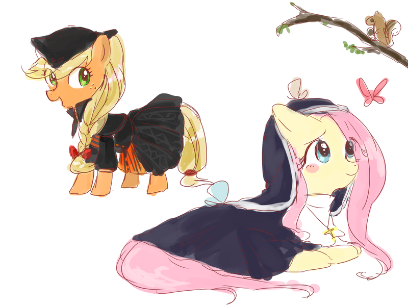 Size: 1200x900 | Tagged: safe, artist:weiliy, derpibooru import, applejack, fluttershy, butterfly, pony, squirrel, blush sticker, blushing, clothes, cute, dress, eye clipping through hair, flutternun, habit, hat, jackabetes, nun, pixiv, shyabetes, simple background, smiling, white background