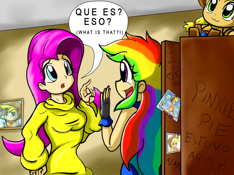 Size: 1024x768 | Tagged: applejack, artist:ryured, derpibooru import, fluttershy, human, humanized, implied appledash, misspelling, rainbow dash, safe, shrine, spanish