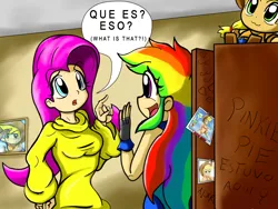 Size: 1024x768 | Tagged: applejack, artist:ryured, derpibooru import, fluttershy, human, humanized, implied appledash, misspelling, rainbow dash, safe, shrine, spanish