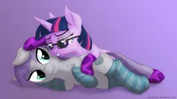 Size: 3400x1900 | Tagged: suggestive, artist:stinkehund, derpibooru import, maud pie, twilight sparkle, pony, unicorn, clothes, cuddling, female, females only, fluffy, glasses, lesbian, shipping, snuggling, socks, striped socks, twimaud