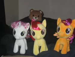 Size: 1024x768 | Tagged: apple bloom, build-a-bear, cutie mark crusaders, derpibooru import, irl, pedobear, photo, plushie, safe, scootaloo, sweetie belle, this will end in rape