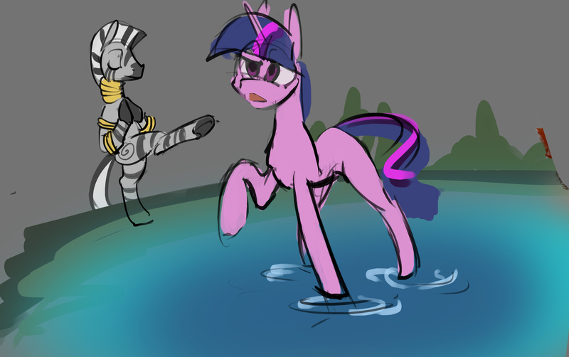 Size: 3516x2206 | Tagged: artist:alumx, derpibooru import, magic duel, safe, scene interpretation, twilight sparkle, zebra, zecora