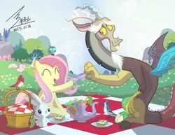 Size: 1100x849 | Tagged: angel bunny, artist:bluse, derpibooru import, discord, female, fluttershy, food, male, parasprite, picnic, safe, show accurate, straight, tea, teacup