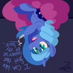 Size: 900x900 | Tagged: safe, artist:wildberry-poptart, derpibooru import, princess luna, alicorn, pony, blue background, drugs, female, high, hoof hold, mare, marijuana, open mouth, s1 luna, simple background, sitting, solo, text, upside down, wingding eyes